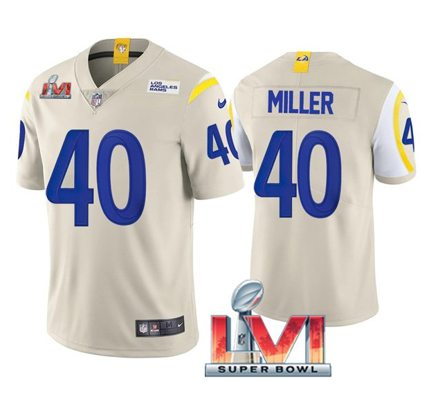 Men's Los Angeles Rams #40 Von Miller 2022 Bone Super Bowl LVI Vapor Limited Stitched Jersey Men's Los Angeles Rams #40 Von Miller 2022 Bone Super Bowl LVI Vapor Limited Stitched Jersey